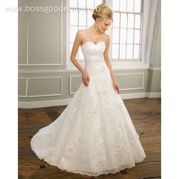 A-line Sweetheart Strapless Satin Organza Lace Chapel Train Beading Ruffled Wedding Dress